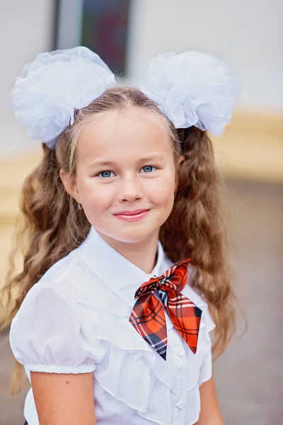 Portrait Beautiful Young First Grader Farewell Bell Day Knowledge Beginning — Stock Photo, Image