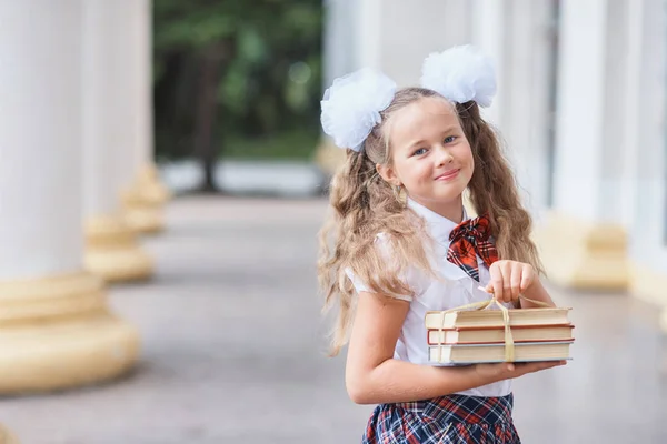 Portrait Beautiful Young First Grader Farewell Bell Day Knowledge Beginning — Stock Photo, Image