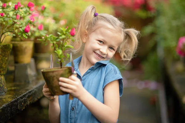 Kleinkind mit Blumenkorb. Mädchen mit rosa Blumen — Stockfoto