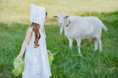 Beyaz elbiseli ve kaputlu bir çoban kız bir keçiyi lahana yapraklarıyla besler. Bahar tarlasında keçiye yem