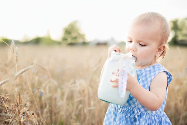 Holčička z pšeničného pole. zdravé dítě na pikniku s chlebem a mlékem ve zlatém obilném poli. — Stock fotografie