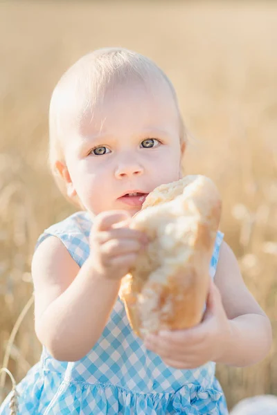 Roztomilé malé radostné holčičky v pšeničné pole na teplý letní den — Stock fotografie