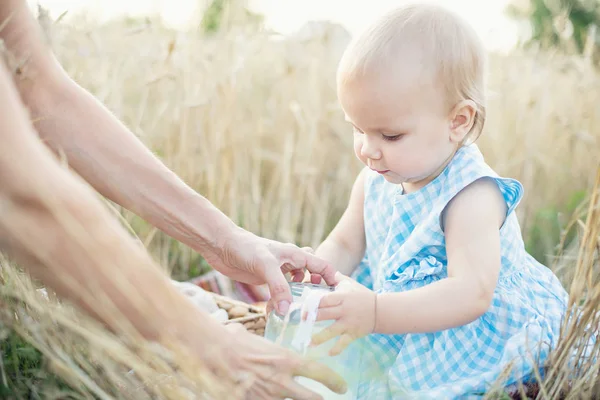 Klein meisje in het tarweveld. gezond kind op de picknick met brood en melk in gouden graanveld. — Stockfoto