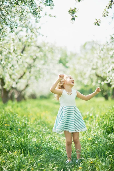 女孩闻苹果园的花。有开花树的园圃， — 图库照片