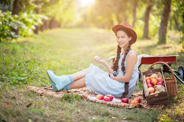 Girl with Apple in the Apple Orchard — Stok Foto