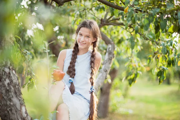Girl with Apple in the Apple Orchard — Stock Photo, Image