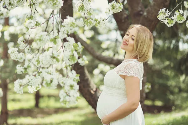 Modo primaverile, bella donna incinta odore di ciliegio in fiore, godersi la natura, bianco giardino floreale . — Foto Stock