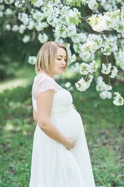 Bella Donna Incinta Rilassante Godendo Vicino Albero Ciliegio Fiorito Giardino — Foto Stock