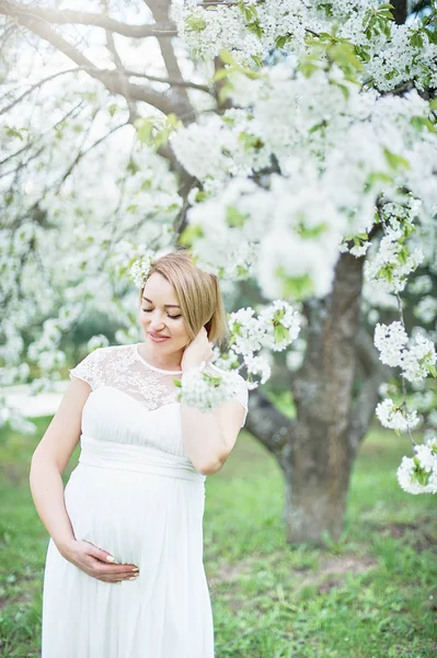 Hermosa Mujer Embarazada Relajarse Disfrutar Cerezo Cerca Floración Jardín —  Fotos de Stock