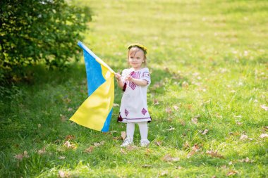 Çocuk, Ukrayna 'nın dalgalanan mavi ve sarı bayrağını tarlada taşıyor. Ukrayna 'nın Bağımsızlık Günü. Bayrak Günü. Anayasa günü. Geleneksel Ukrayna bayrağıyla nakışçı kız.