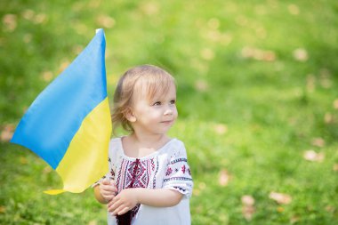 Çocuk, Ukrayna 'nın dalgalanan mavi ve sarı bayrağını tarlada taşıyor. Ukrayna 'nın Bağımsızlık Günü. Bayrak Günü. Anayasa günü. Geleneksel Ukrayna bayrağıyla nakışçı kız.