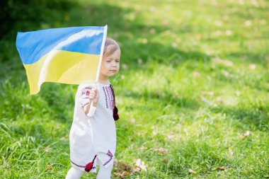 Çocuk, Ukrayna 'nın dalgalanan mavi ve sarı bayrağını tarlada taşıyor. Ukrayna 'nın Bağımsızlık Günü. Bayrak Günü. Anayasa günü. Geleneksel Ukrayna bayrağıyla nakışçı kız.