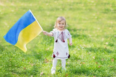 Çocuk, Ukrayna 'nın dalgalanan mavi ve sarı bayrağını tarlada taşıyor. Ukrayna 'nın Bağımsızlık Günü. Bayrak Günü. Anayasa günü. Geleneksel Ukrayna bayrağıyla nakışçı kız.