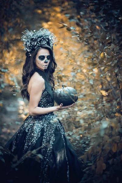 Woman Black Dress Calavera Catrina Sugar Skull Makeup Posing Autumn — Stock Photo, Image