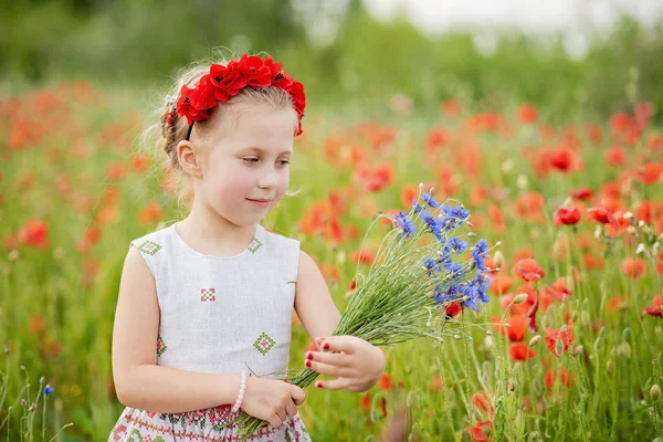 Oekraïens mooi meisje in vyshivanka met krans van bloemen op een gebied van papavers en tarwe. buiten portret in klaprozen. meisje in borduurwerk. — Stockfoto
