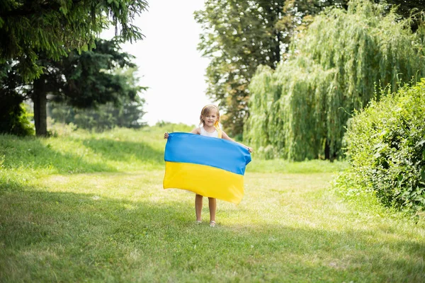 Menina Carregando Fluttering Bandeira Azul Amarela Ucrânia Campo Conceito Dia — Fotografia de Stock