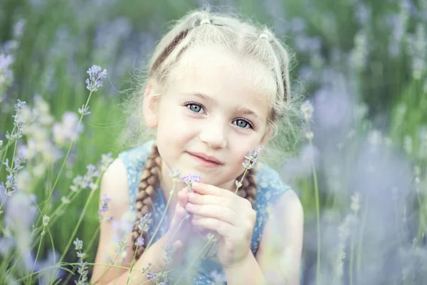 Kleines Mädchen im Lavendelfeld. Kinderfantasie. Lächeln Mädchen schnüffelt Blumen im Sommer lila Lavendelfeld. — Stockfoto