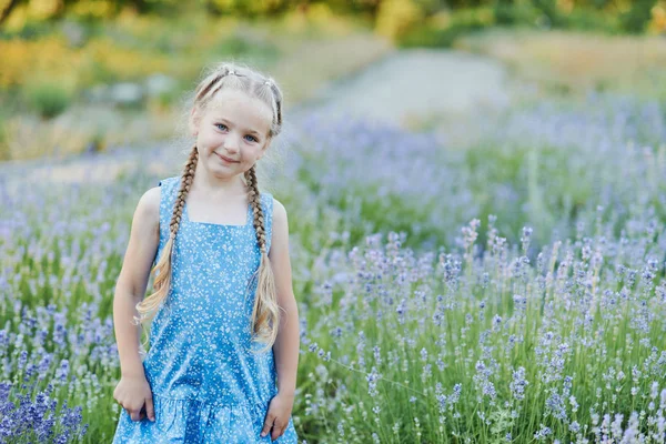 Klein meisje in Lavendel veld. kinderen fantasie. Glimlachend meisje snuiven bloemen in de zomer paarse Lavendel veld. — Stockfoto