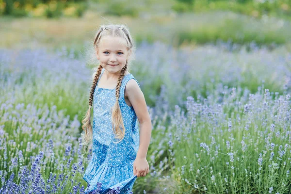 Klein meisje in Lavendel veld. kinderen fantasie. Glimlachend meisje snuiven bloemen in de zomer paarse Lavendel veld. — Stockfoto