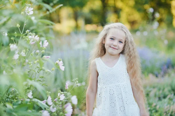 漂亮的公平皮肤的女孩与长金发卷发在白色礼服在夏天的草地上在明亮的阳光明媚的日子 — 图库照片