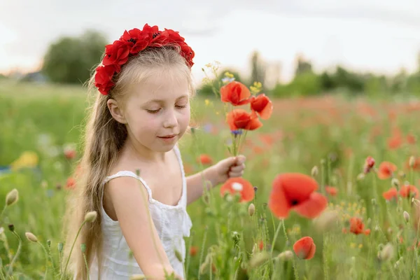 Ukrainian Beautiful Little Girl Floral Wreath Collecting Poppies Cornflowers Summer — Stock Photo, Image