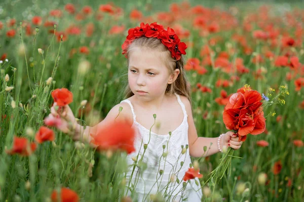 Ukrainian Beautiful Little Girl Floral Wreath Collecting Poppies Cornflowers Summer — Stock Photo, Image