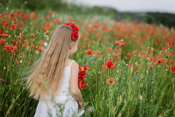 回头看乌克兰美丽的小女孩走在夏天的罂粟和玉米花的花卉领域 — 图库照片