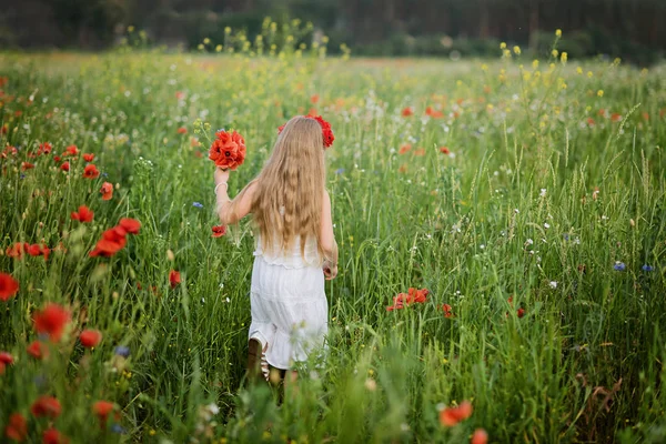 Погляд Українську Красиву Маленьку Дівчину Ходить Влітку Квіткове Поле Маку — стокове фото