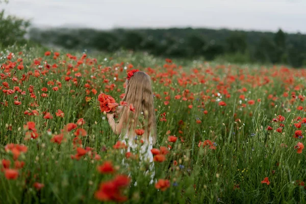 ポピーとトウモロコシの花の夏の花畑を歩くウクライナの美しい小さな女の子のバックビュー — ストック写真
