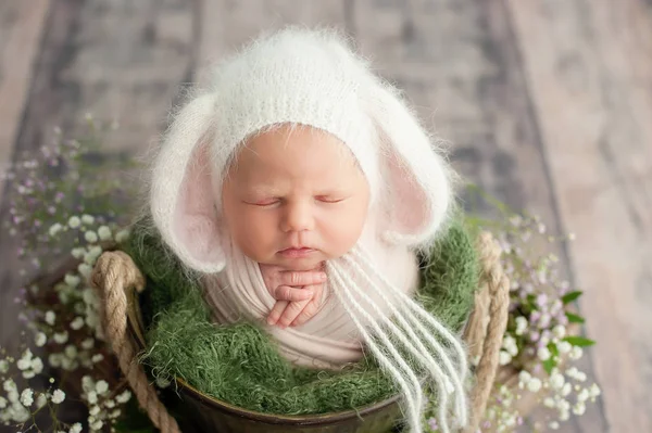バスケットで眠るバニーの衣装で10日生まれたばかりの赤ちゃん 人生の始まりと幸せな妖精の魔法の子供時代の概念 イースターのコンセプト — ストック写真