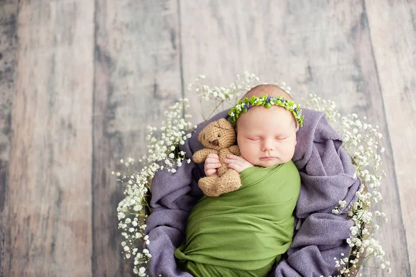 10天大的新生儿裹着棉布抱着熊玩具 睡在篮子里 人生的开始与快乐的童话魔法童年概念 — 图库照片