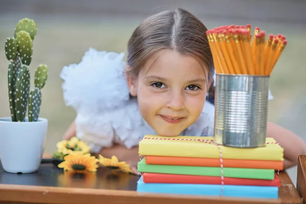 Portrait Beautiful First Grader Girl Sitting Desk School Equipment Background — Stock Photo, Image