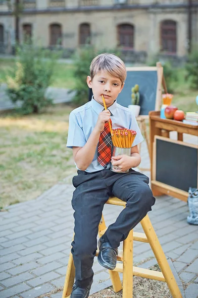 Portréja boldog iskolás fiú ceruzával. Búcsú Bell. nap-ból tudás. a tanév kezdete. — Stock Fotó