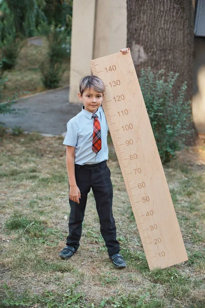 Schoolboy with big ruler standing on wooden background. Farewell Bell. day of knowledge. beginning of the school year. education and school concept. — Stock Photo, Image