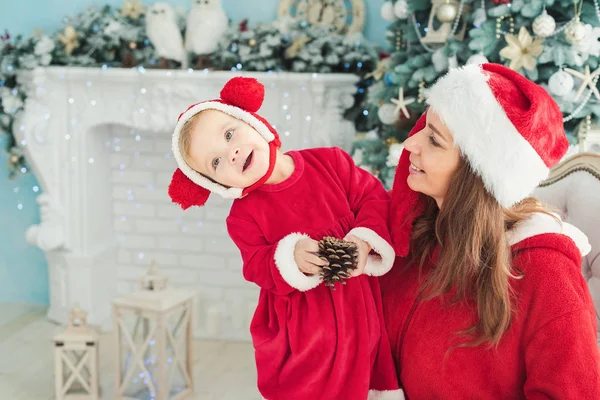 Mother Sitting Armchair Having Fun Little Daughter Red Party Costume — Stock Photo, Image