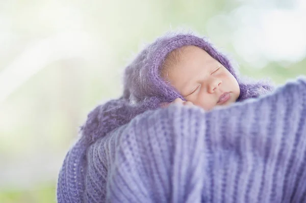 Ημέρα Νεογέννητο Βρέφος Τυλιγμένο Μάλλινο Καρό Ύπνου Στον Κήπο Την — Φωτογραφία Αρχείου