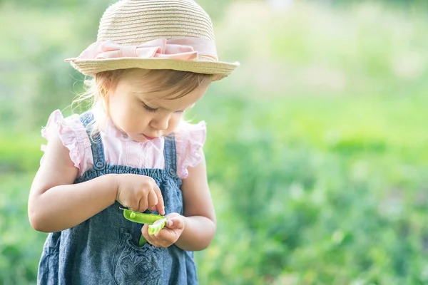 Klein Boerenmeisje Met Hoed Die Erwtenpeul Eet Zomertuin Gezond Eten — Stockfoto