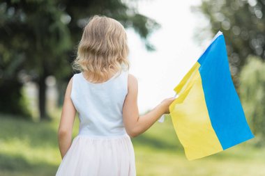 back view of little girl with fluttering blue and yellow flag of Ukraine walking in field at sunny summer day, Ukraine Independence Day concept clipart