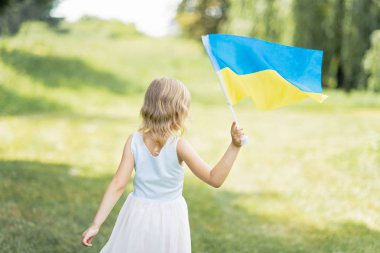 ukrayna mavi ve sarı bayrak ile dalgalı küçük kızın geri görünümü güneşli yaz gününde alanında yürüyüş, Ukrayna Bağımsızlık Günü kavramı