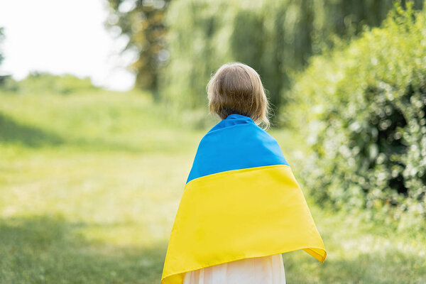 назад вид маленькой девочки с развевающимся сине-желтым флагом Украины на плечах в поле в солнечный летний день, концепция Дня независимости Украины
