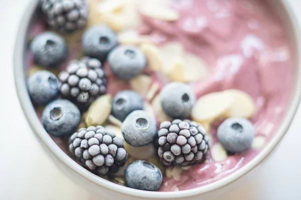 Healthy Breakfast Berry Smoothie Bowl Topped Blueberries Blackberries Pumpkin Seeds — Stock Photo, Image