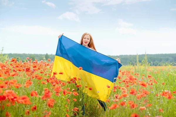 Meisje Draagt Fladderende Blauwe Gele Vlag Van Oekraïne Het Veld — Stockfoto