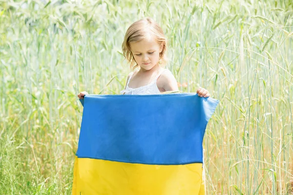 Kind Trägt Blau Gelbe Fahne Der Ukraine Weizenfeld Der Ukrainische — Stockfoto