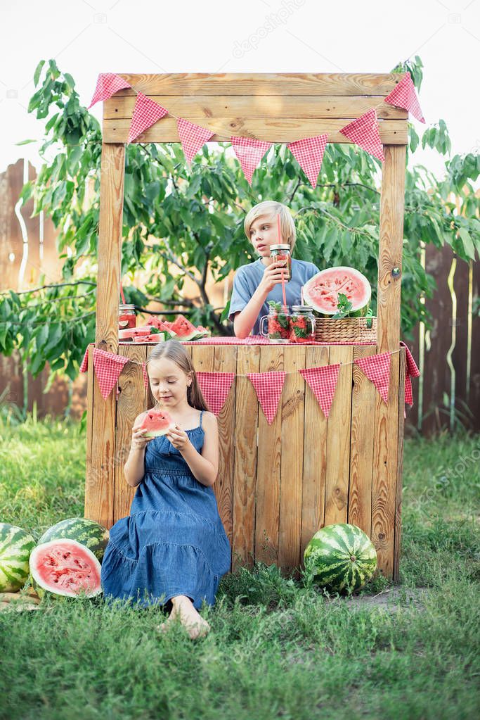 Boy and girl trying to sell lemonade. Watermelon lemonade with ice and mint as summer refreshing drink in jars. Cold soft drinks with fruit. Children drinking lemonade in jar