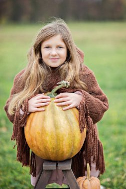Soğuk bir sonbahar gününde balkabağı tarlasında küçük mutlu bir kız Cadılar Bayramı ya da Şükran Günü için bir sürü balkabağıyla..