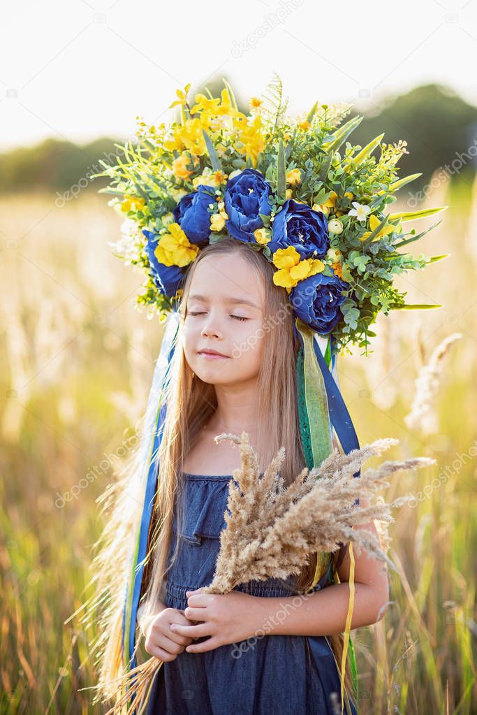 Girl carries fluttering blue and yellow flag of Ukraine in field.