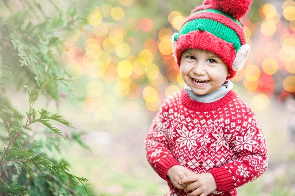Egy Kisfiú Pulóverben Kalapban Aki Egy Karácsonyra Vár Erdőben Félhosszú — Stock Fotó