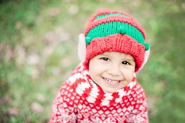 Petit Garçon Pull Chapeau Attendant Noël Dans Bois — Photo