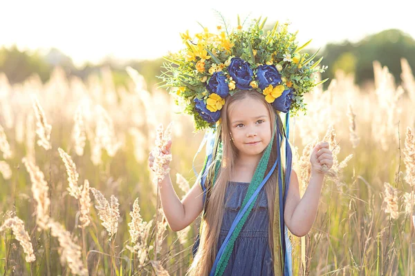 Schattig Klein Meisje Het Dragen Van Bloemen Krans Met Linten — Stockfoto