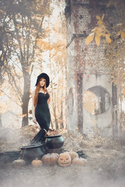 Halloween Vacker ung häxa flicka i häxor hatt — Stockfoto